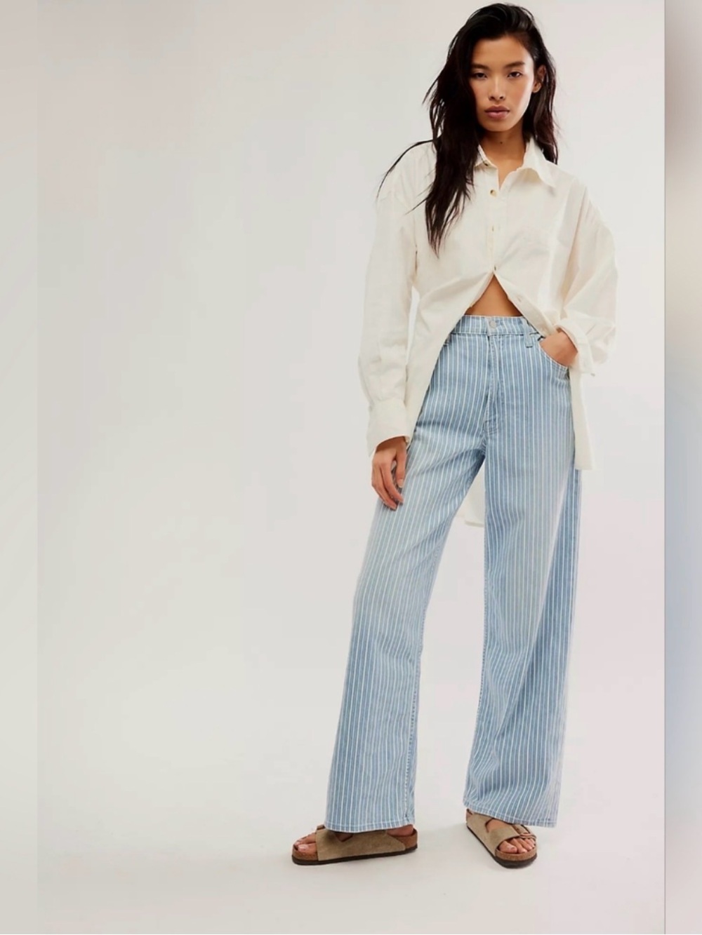 MOTHER Light Blue Pinstripe Wide-Leg Jeans